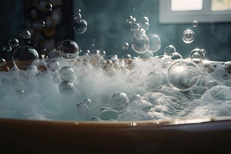 Bubbles Floating On The Surface Of A Hot Bubble Bath With Steam Rising From The Water Stock