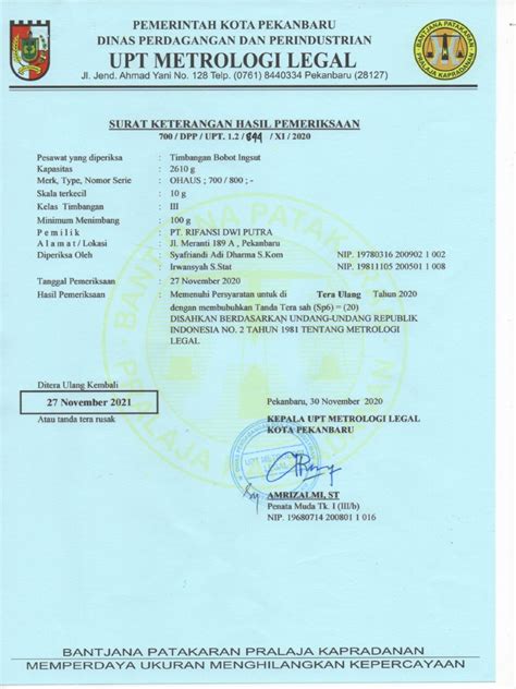 Sertifikat Kalibrasi Timbangan 27 Nov 2020 2021 Pdf