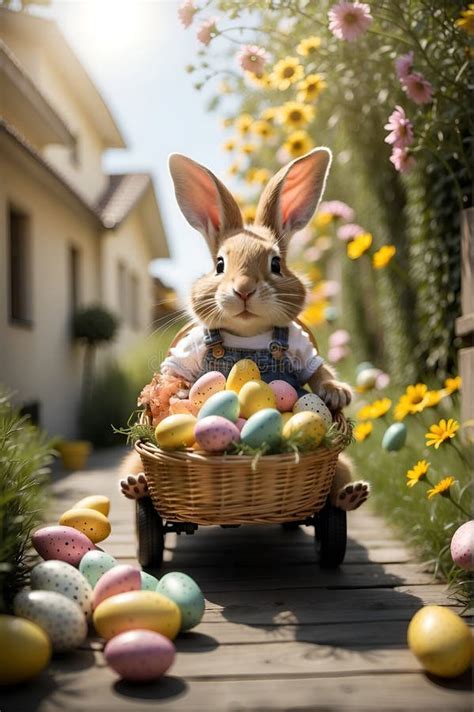 A Picture Of A Large Easter Bunny Carrying A Basket Filled With Eggs