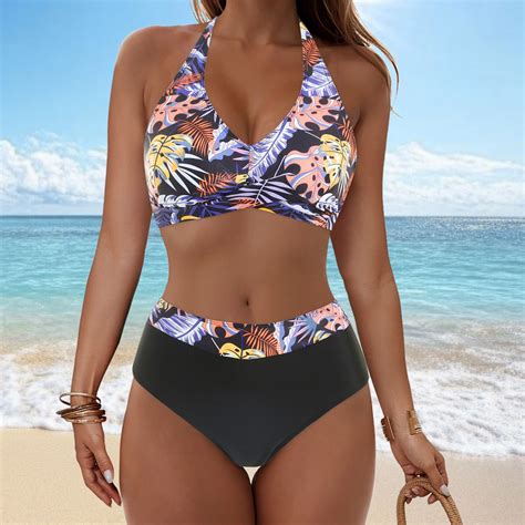 Fulorrnie Women S High Waisted Bikini Set Color Block Neck Strap With V Neck Tankini Top For