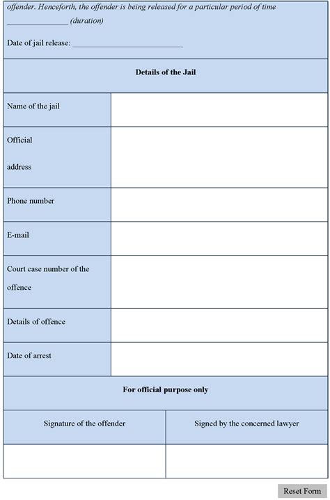 Jail Release Form - Editable Forms