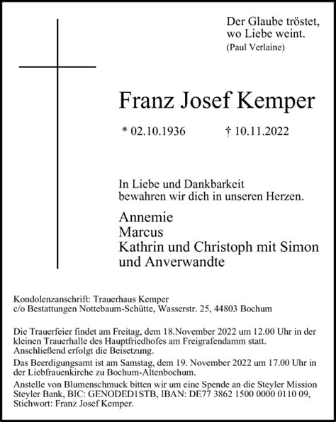 Traueranzeigen Von Franz Josef Kemper Trauer In Nrw De