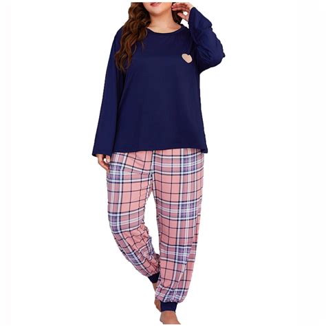 Womens Plus Size Pajamas Sets Long Sleeve Heart Print Pullover Tops