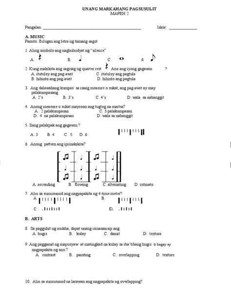 mapeh quarter  exam grade