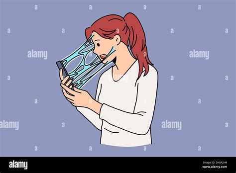 Addiction To Internet And Phone Concept Young Stressed Woman Cartoon