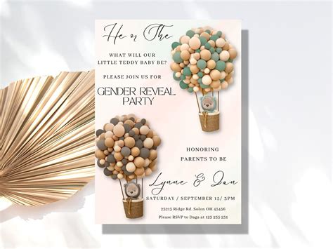 Teddy Bear Gender Reveal Invitation Hot Air Balloon Baby Gender Reveal Invitation Baby Shower