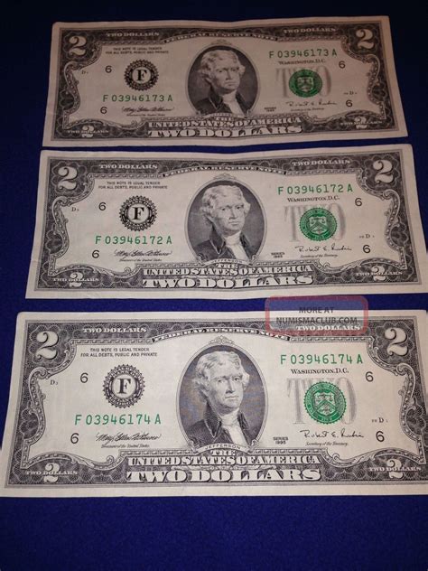 (3) Consecutive Serial 1995 $2 Dollar Bill Two Dollar Bank Note