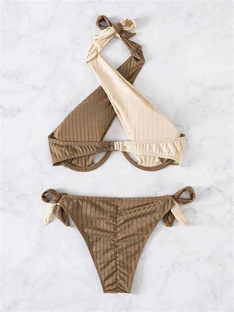 Emmiol Free Shipping Color Block Cross Over Ribbed Bikini Set