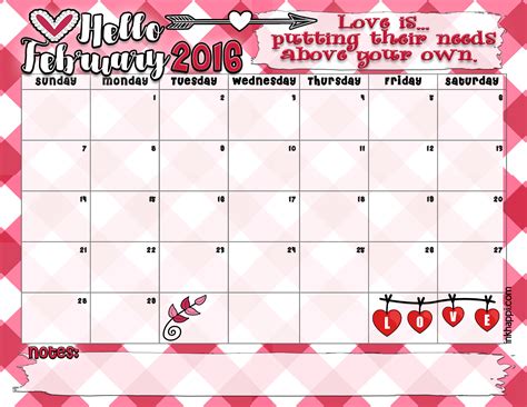 February 2016 Calendar And Love Print Inkhappi