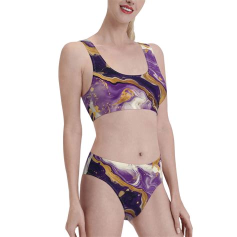 Noikeo Purple Gold Marble Swirls Pattern Bikini Set For Women Two Piece Swimsuits Low Rise