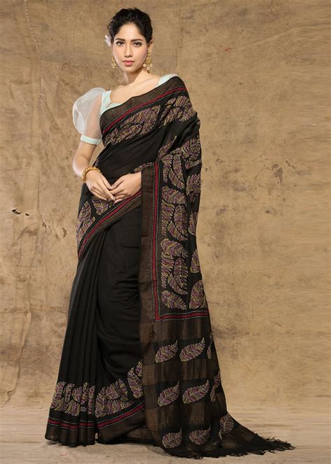 Get Tussar Bafta Silk Black Kantha Embroidered Saree At ₹ 8850 Lbb Shop