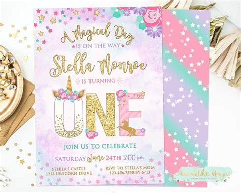 Unicorn First Birthday Invitation Magical Unicorn 1st Party Etsy In