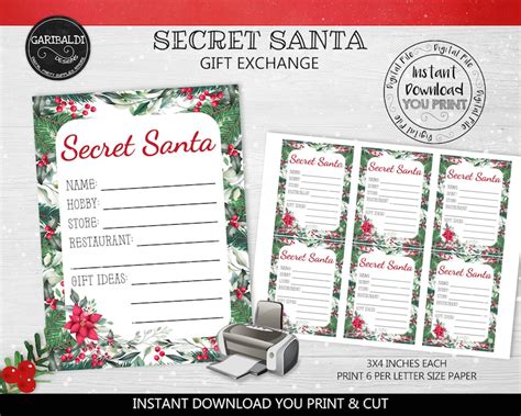 Secret Santa Questionnaire Card Secret Santa Printable Cards Etsy