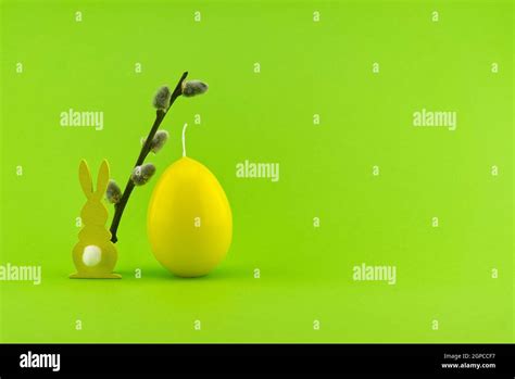 Minimalistic Easter Holiday Or Spring Background With Easter Hare Figure Pussy Willow Branch