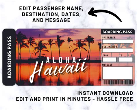 Printable HAWAII Surprise Trip Gift Ticket. Boarding Pass. Printable