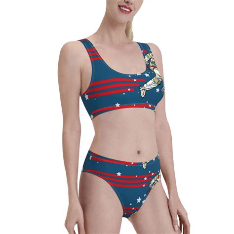 Junzan Astronaut Runs Forward Print Two Piece Bikini Sets Control Swimsuits High Waisted Bathing