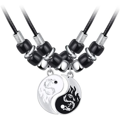 2 Colliers Pendentif Taichi Dragon Yin Et Yang Blanc Et Noir Bijoux