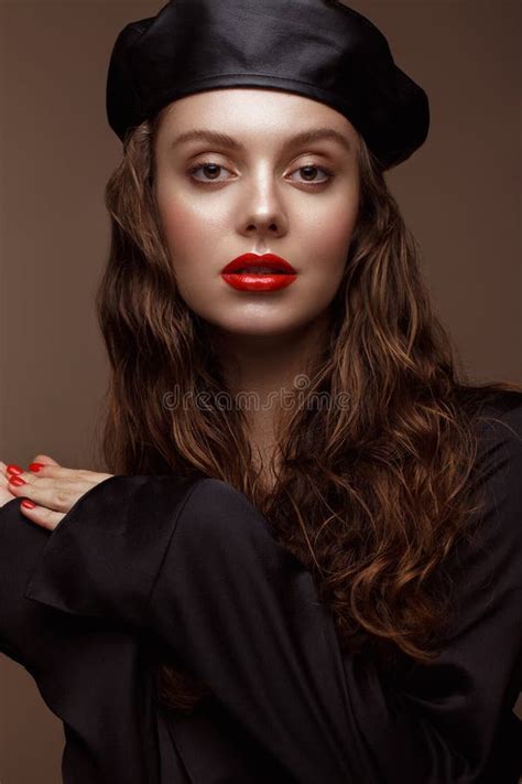 Beautiful Brunette Model Curls Classic Makeup And Lips The Beauty Face Stock Photo Image