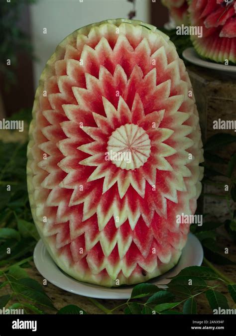 Watermelon carving art name "Mukimono". Traditional Japanese art Stock ...