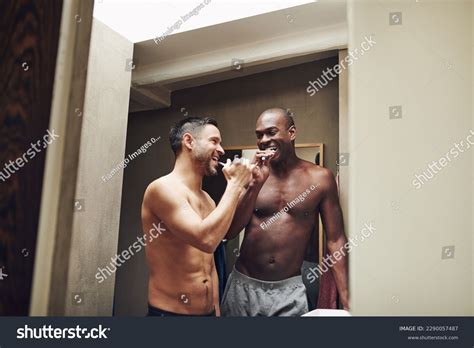 Cheerful Black White Gay Couple Brushing Stock Photo 2290057487 Shutterstock