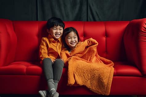 Premium Ai Image Two Children Sit On A Red Couch One Of Them Is