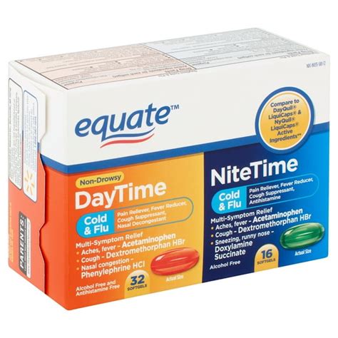 Equate Cold And Flu Relief Multi Symptom Daytime Nighttime Combo Pack Softgels Cold Medicine 48