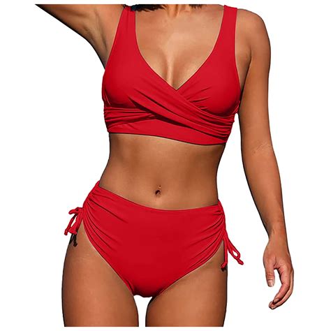 HIMIWAY Women S Split Bikini Solid Colour Strappy High Waist Sexy Swimsuit Red S Walmart