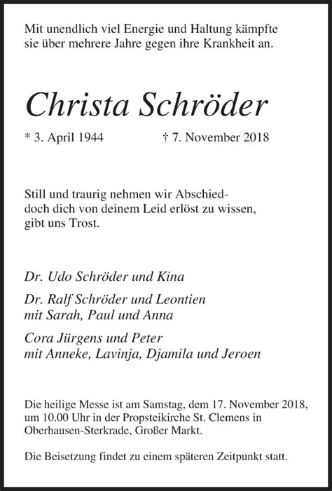 Traueranzeigen von Christa Schröder Trauer in NRW de