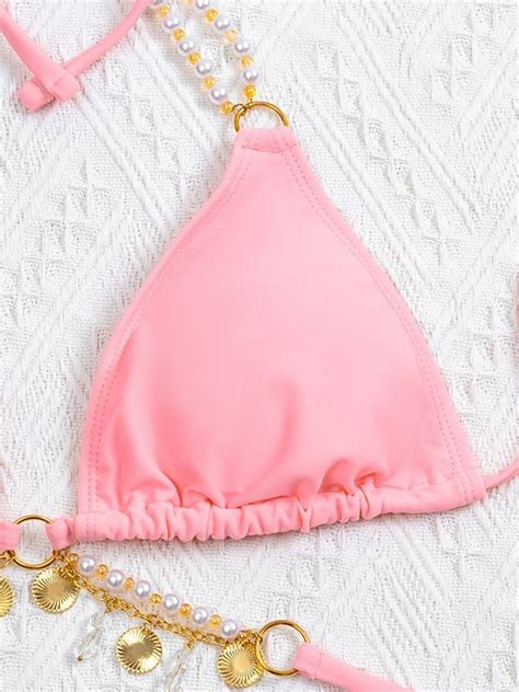 Emmiol Free Shipping Faux Pearl Decor Halter Bikini Set Pink L In