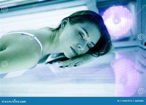 Beautiful Brunette Sunbathing In Solarium Stock Image Image Of Lying