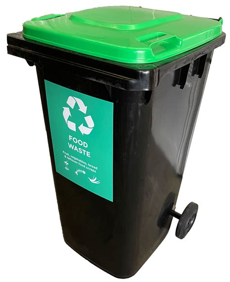 120 Litre Wheelie Bin In Black With Green Lid With Food Waste Sticker