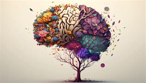 Árbol del cerebro humano con flores autocuidado y concepto de salud