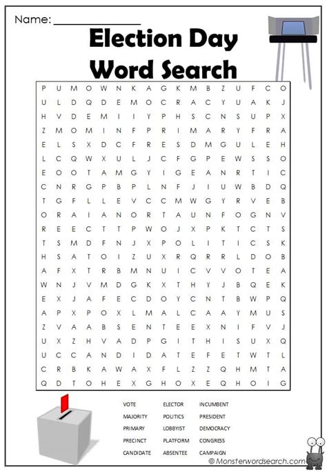 Election Day Word Search Monster Word Search