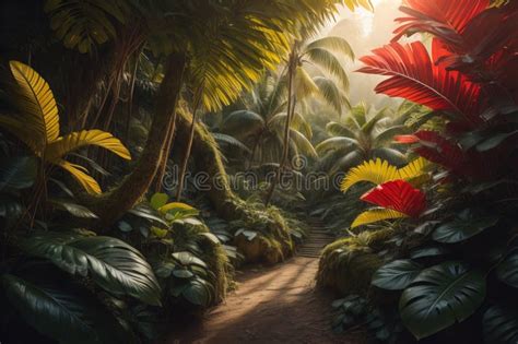 A Pathway In Tropical Rainforest With Palm Trees And Path In The Mist