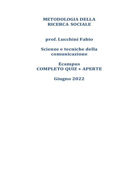 Paniere Metodologia Della Ricerca Sociale Quiz Aperte Prof