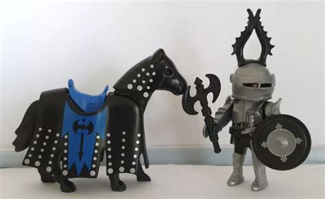 PLAYMOBIL CHEVALIER NOIR Double Hache Cheval Avec Carapacon Moyen Age