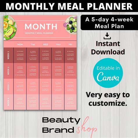 Editable Monthly Meal Planner Printable 4 Week Meal Planner Etsy