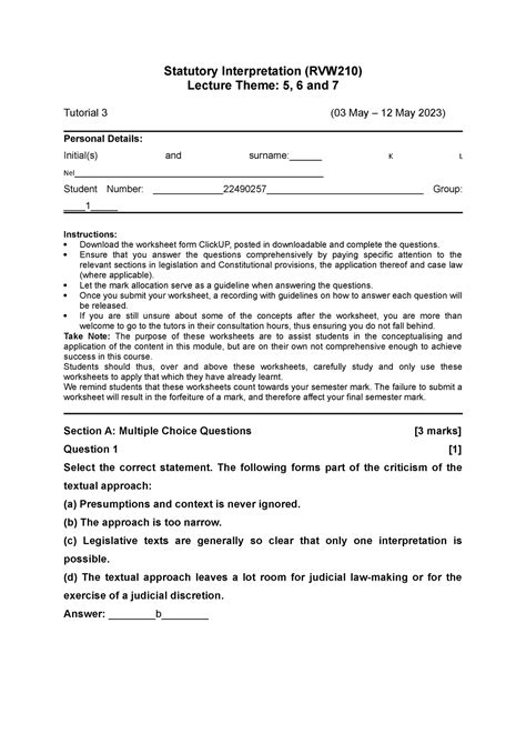 RVW Worksheet 3 Statutory Interpretation RVW210 Lecture Theme 5 6