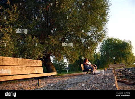 Couple Enjoying A Late Afternoon Sunset On A Park Bench Dobbs Ferry