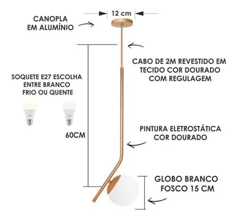 L Mpara Fabriluz Kit Pendente Inclinado Globo Jabuticaba Dourado