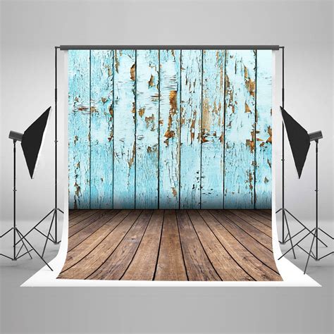 Mohome Blue Wooden Wall Photography Backdrops Brown Wood Floor