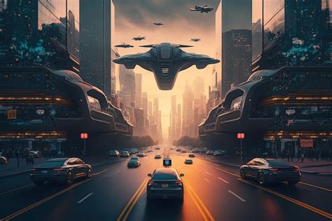 Un paisaje urbano futurista con vehículos autónomos y drones que