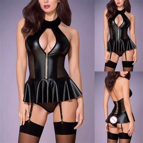 MINI ROBE SEXY Noir Humide Look Creux Bodycon Lingerie Combinaison