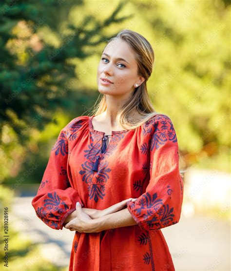 Beautiful Blonde Ukrainian Girl With Blue Eyes In Folk Clothing Boho Style In Fashion