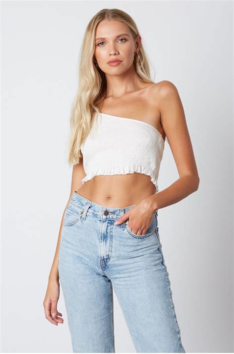 Kayla White Smocked One Shoulder Crop Top Bohopink Boho Chic Brands