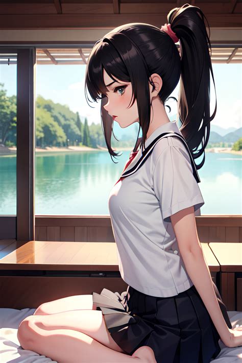 Anime Busty Small Tits 18 Age Pouting Lips Face Black Hair Ponytail Hair Style Light Skin
