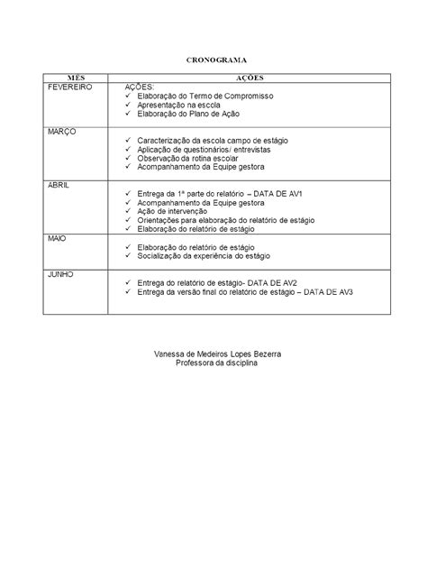 Cronograma Prática de Ensino e Estágio Supervisionado em Docência