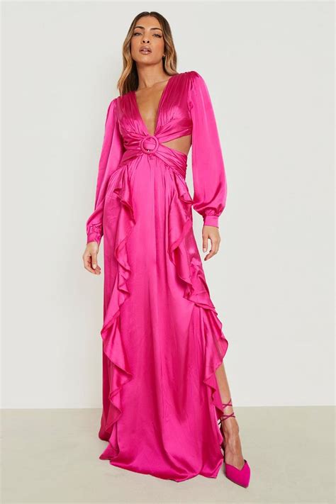 Satin Ruffle Plunge Maxi Dress Boohoo Uk