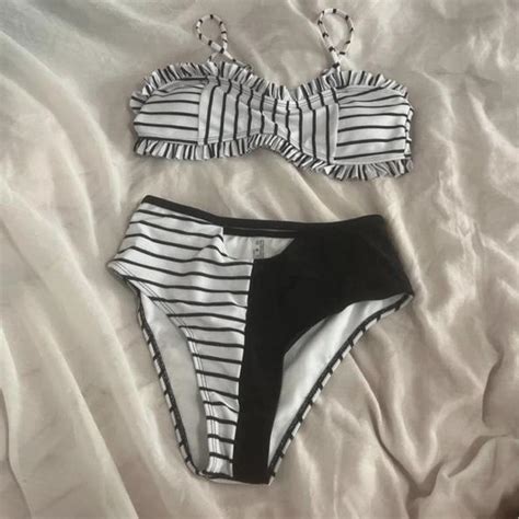 Bikini Set Black And White Stripe Pattern Never Worn Depop