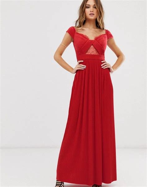 Asos Design Premium Lace And Pleat Off The Shoulder Maxi Dress In Bright Red Asos In 2021